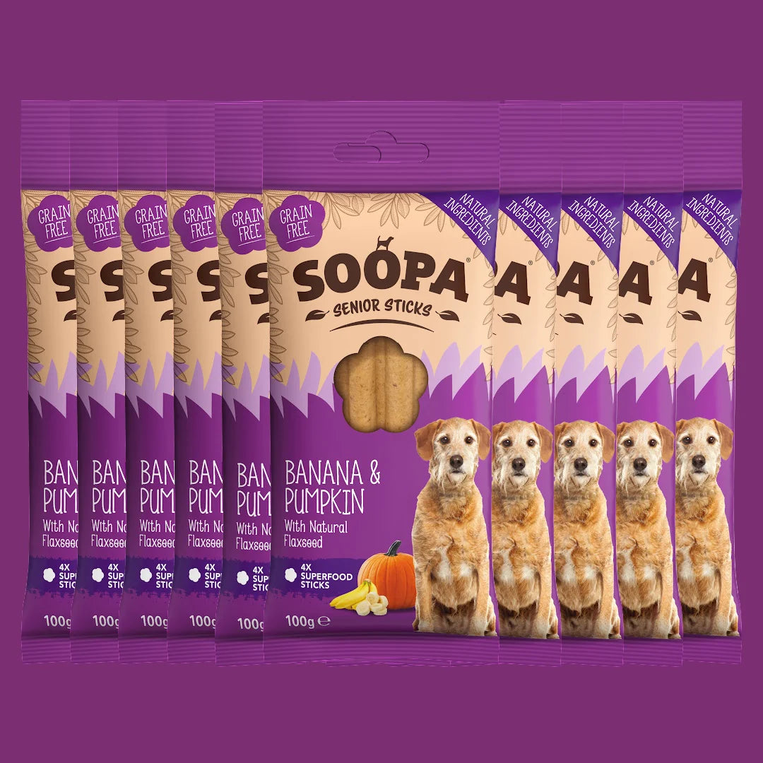 Tannpinnar úr banana, graskeri og hörfræjum fyrir eldri hunda