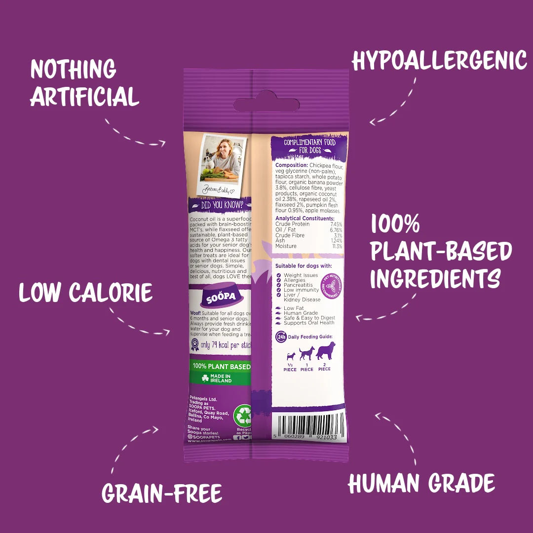 Tannpinnar úr banana, graskeri og hörfræjum fyrir eldri hunda